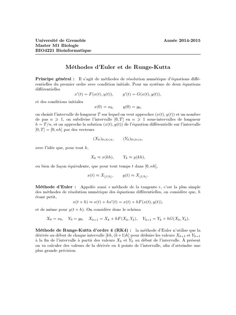 Méthodes d'Euler et RK4 en bioinformatique | PDF | Équations ...