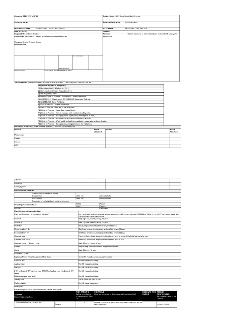 SWMS for 65 Berry St, North Sydney | PDF | Occupational Safety And ...