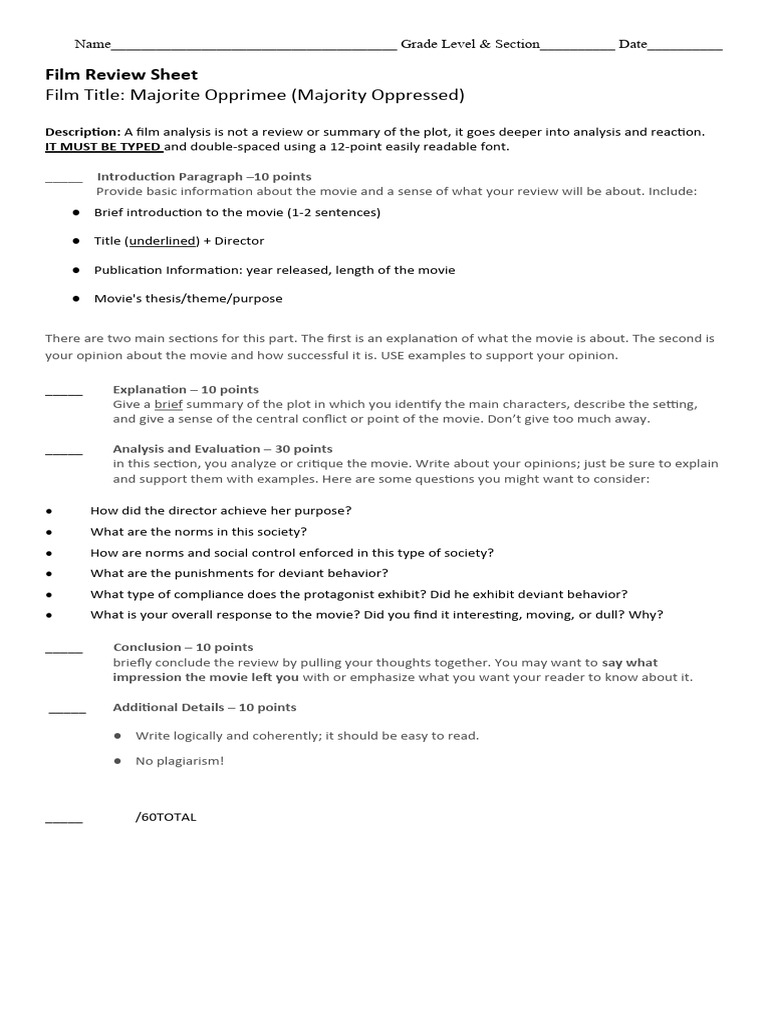 Performance task 2 film review template majority oppressed 1 pdf