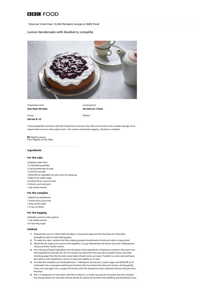 Lemon tendercake with blueberry compôte recipe BBC Food PDF Cakes
