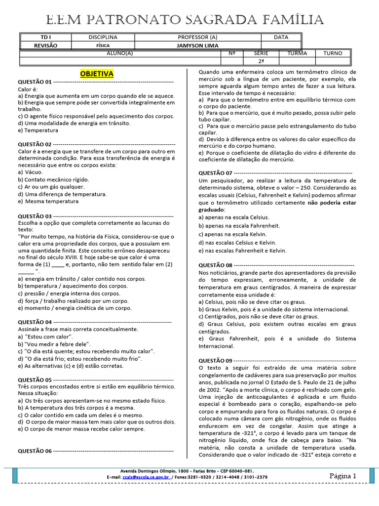 Questões de Física sobre Calor e Temperatura | PDF | Temperatura | Celsius