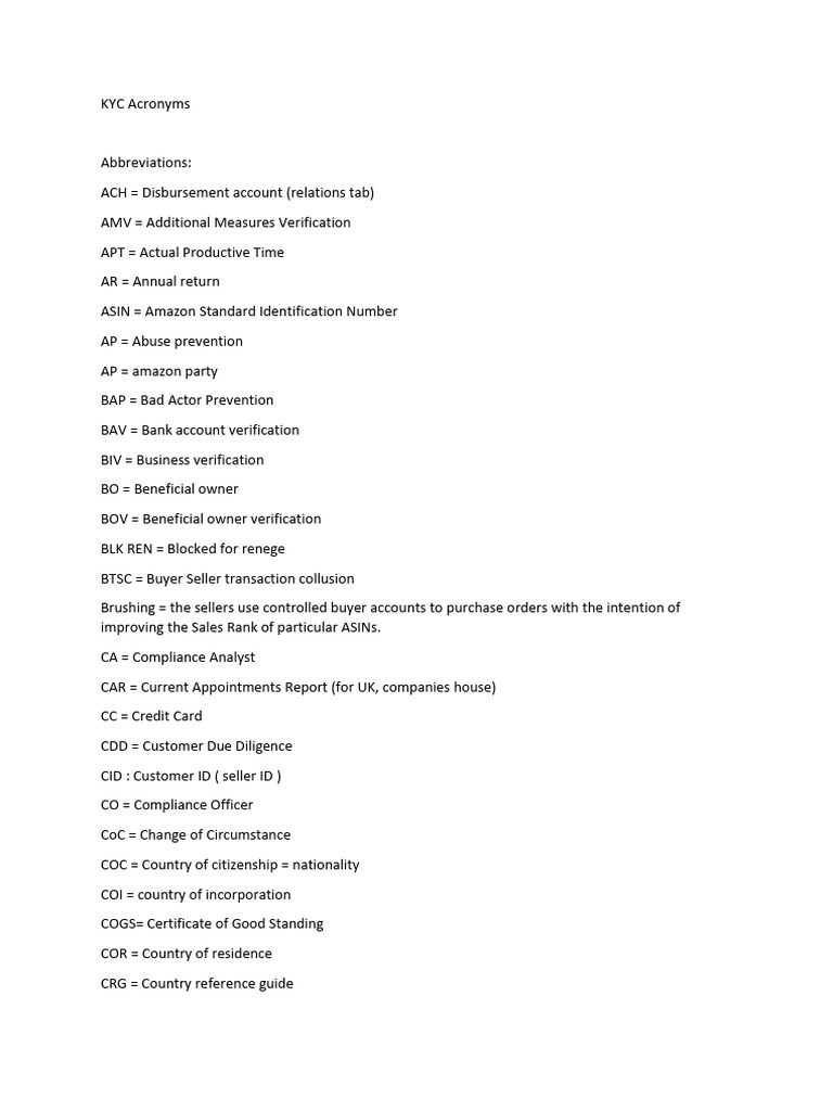 KYC Acronyms Download Free PDF Business Financial Regulation