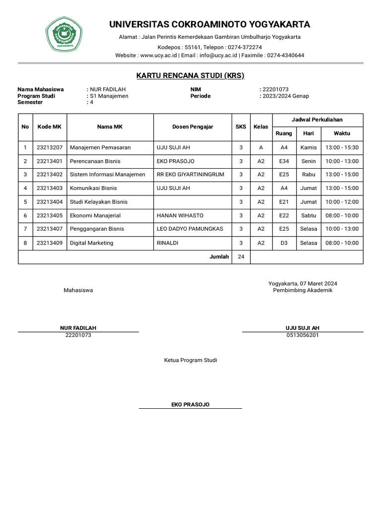 Contoh Kartu Rencana Studi Mahasiswa | PDF