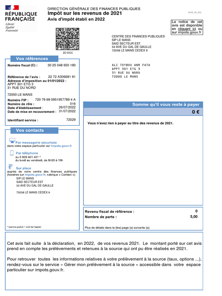 Avis D'impôt (Revenus 2021) | PDF
