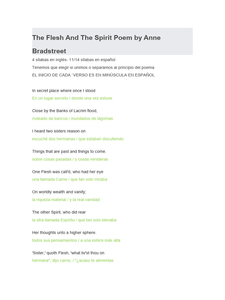 The Flesh and The Spirit Poem by Anne Bradstreet | PDF