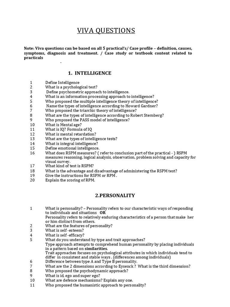 Viva Questions Psychology Batch 2024 PDF Anxiety Disorder