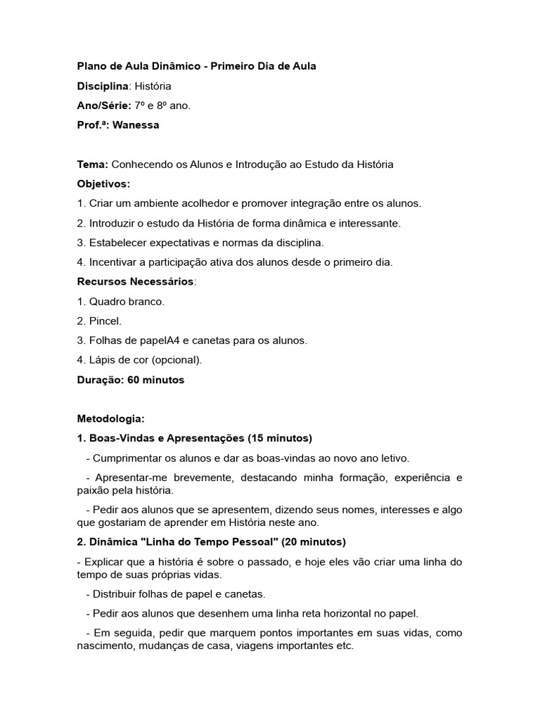 Plano de Aula: Primeiro Dia de História | PDF | Carreira e Crescimento ...