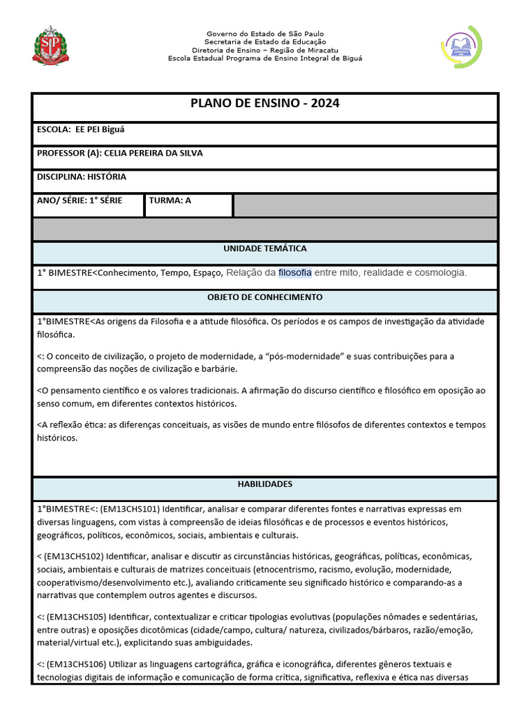 Plano de Ensino de Filosofia 8º Ano | PDF | Ciências Sociais