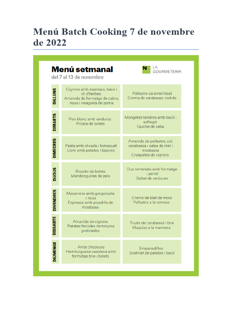 Menu Batch Cooking 7 de Novembre de 2022 | PDF