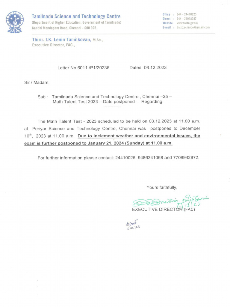 Math Talent Test Postponed | PDF