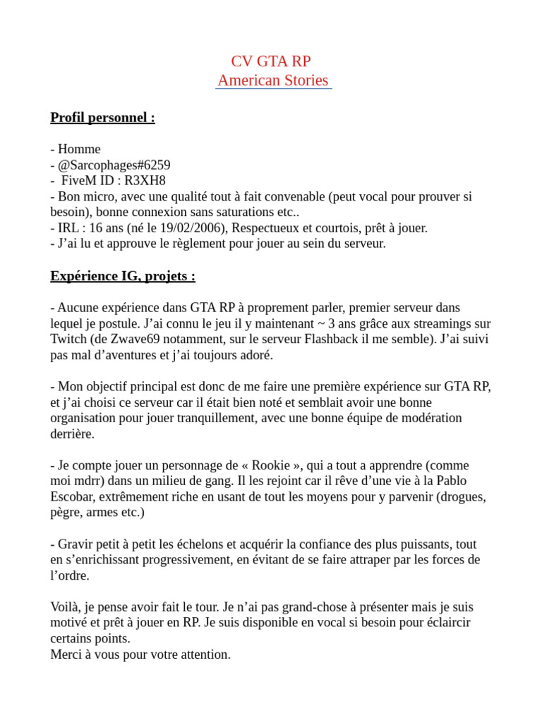 CV de Candidature GTA RP | PDF | Jeux et activités