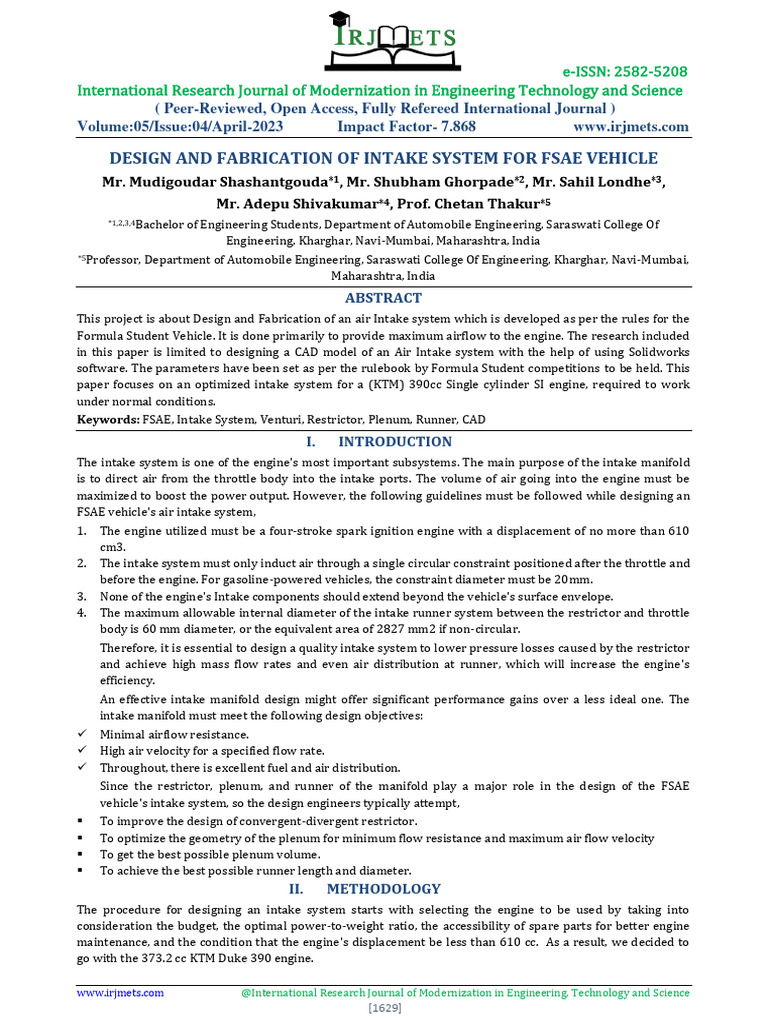 Design and Fabrication of Intake System For Fsae Vehicle PDF