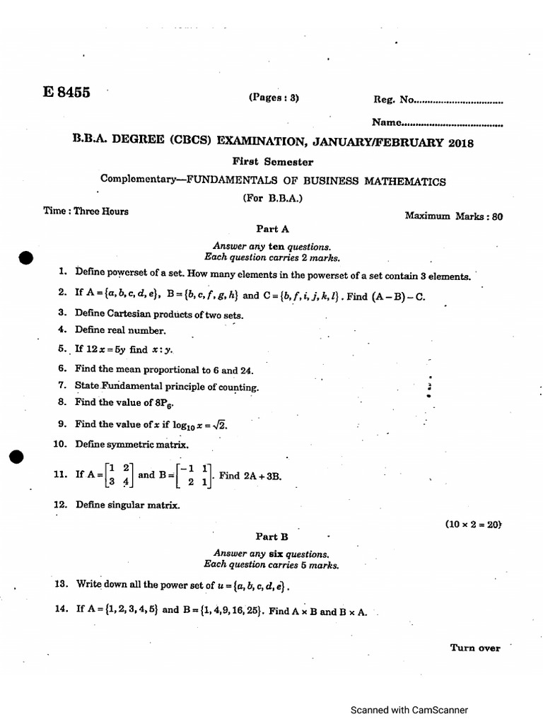 Bba 1 Sem Fundamentals of Business Mathematics e 8455 Feb 2018 | PDF