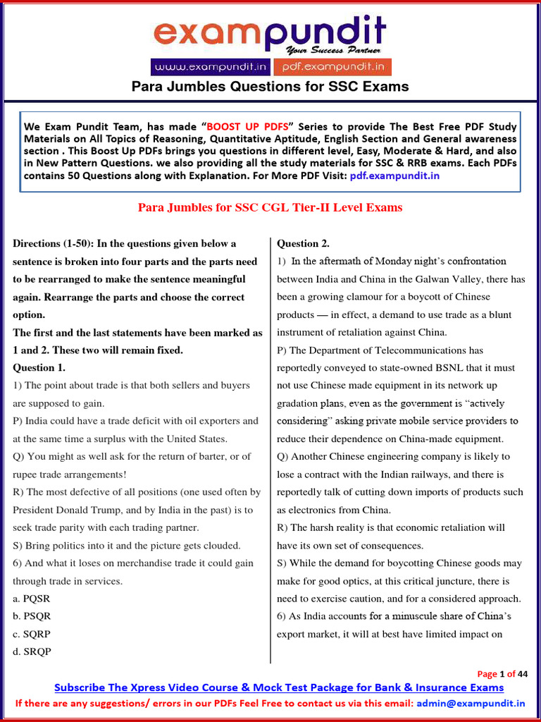 SSC Exam Para Jumbles Practice Questions | PDF | Business | Science ...