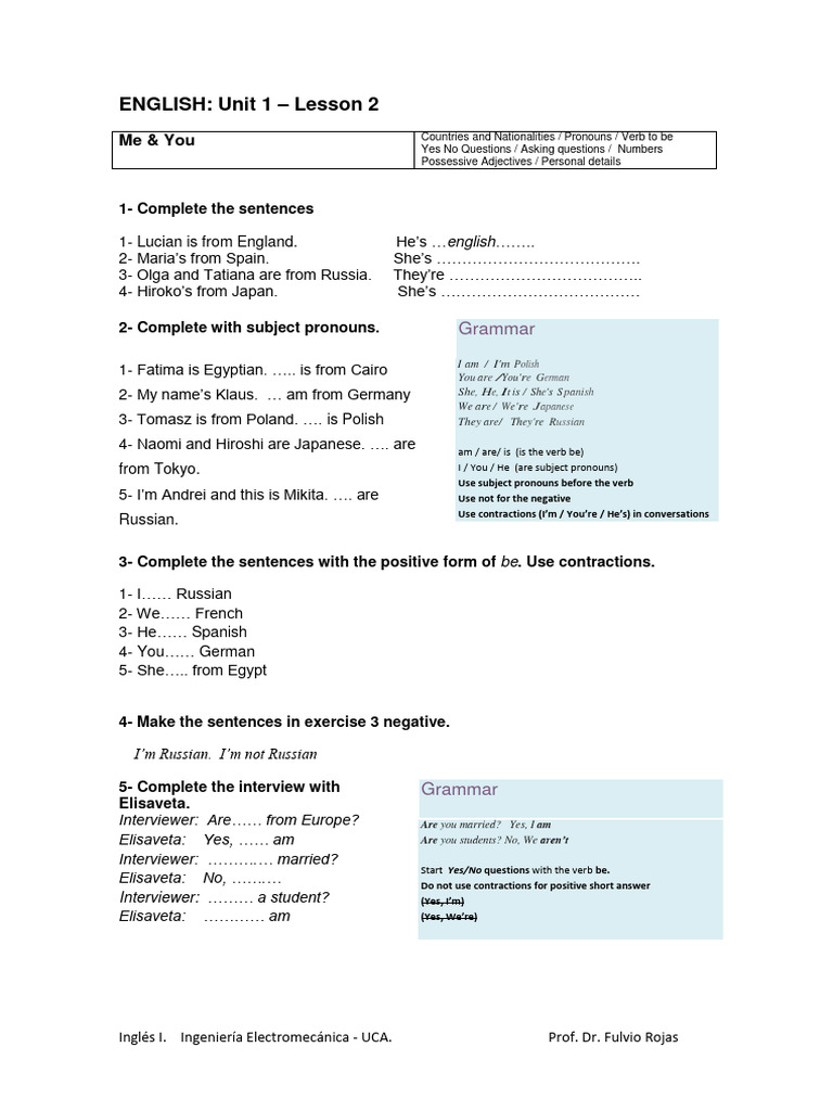 ENGLISH Class Unit 1 Lesson 2 | PDF