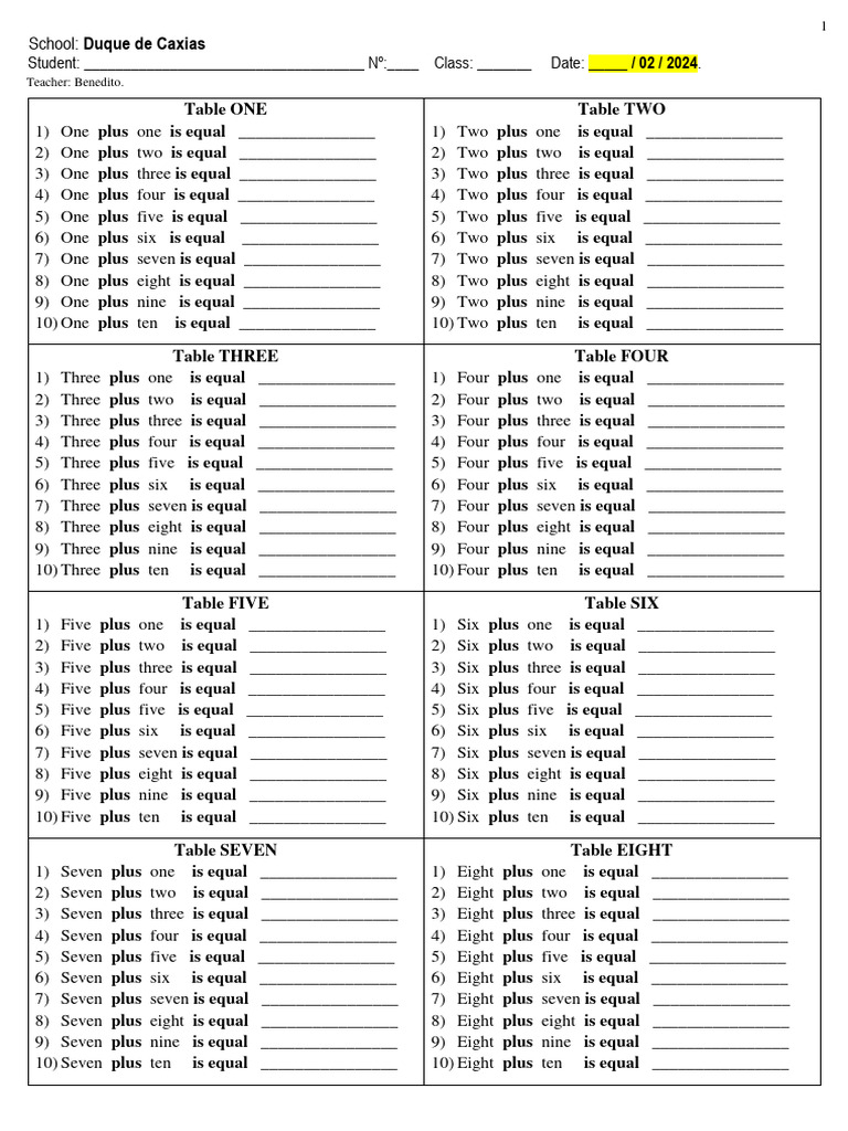 Arithmetic Tables + Numbers | PDF