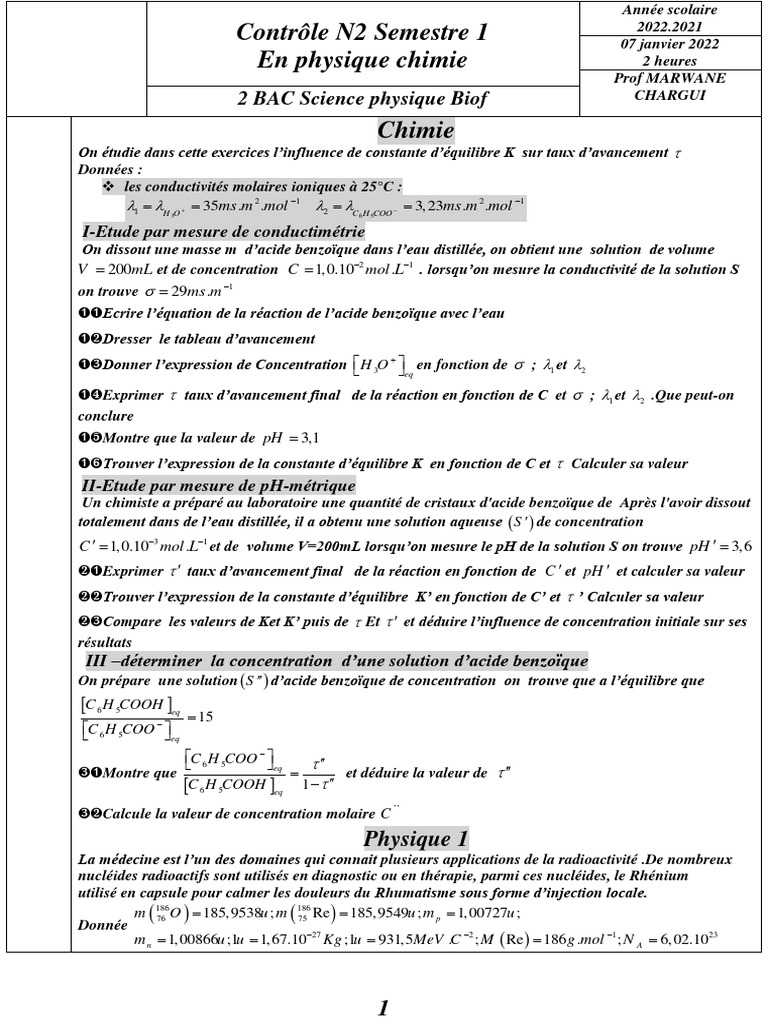 Contrôle Physique-Chimie 2 Bac PC | PDF | Noyau atomique | Réaction ...