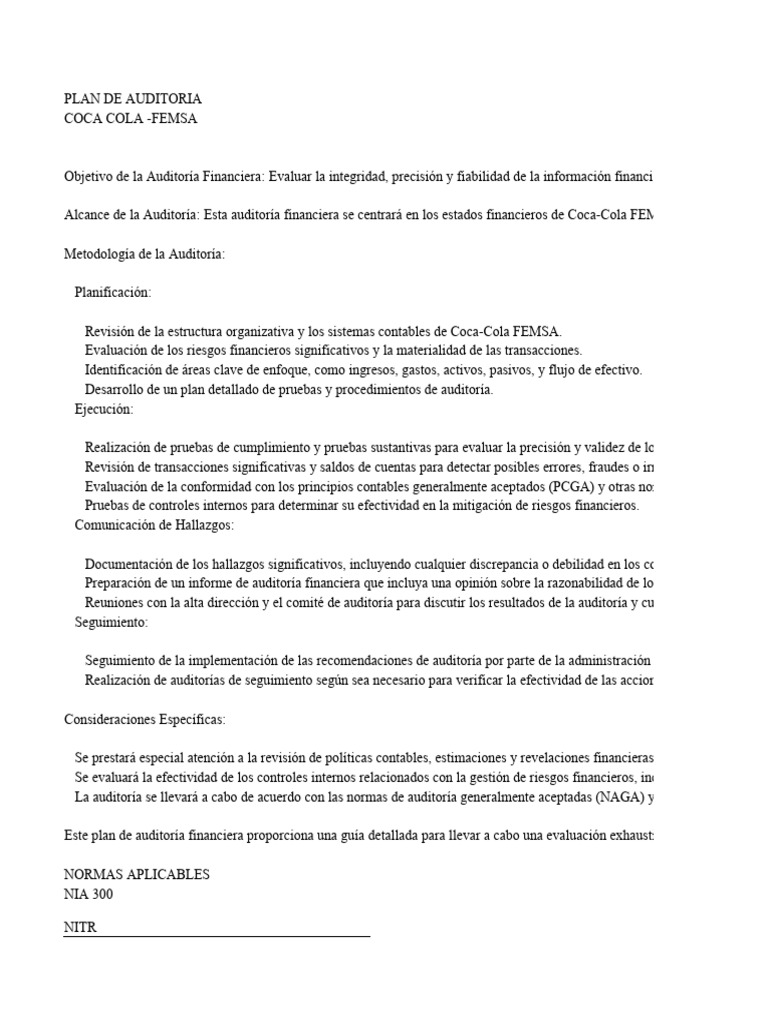 Plan de Auditoría Coca-Cola FEMSA | PDF | Auditoría | Estado financiero