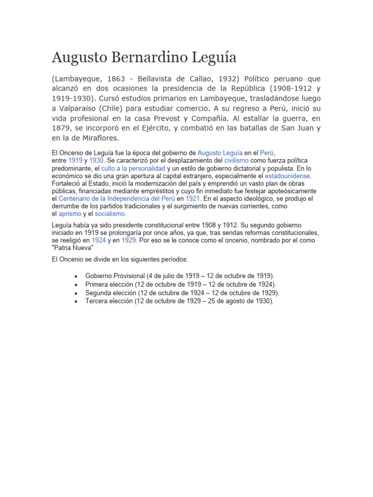 Biografía de Augusto Leguía y su Oncenio | PDF | Perú | América del Sur