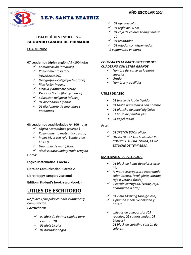 LISTA DE Ã - TILES ESCOLARES 2do GRADO | PDF | Papelería | Color