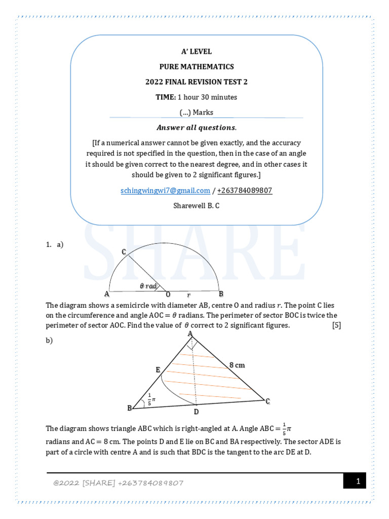 2022 Pure Mathematics Revision Test 2 Share | PDF