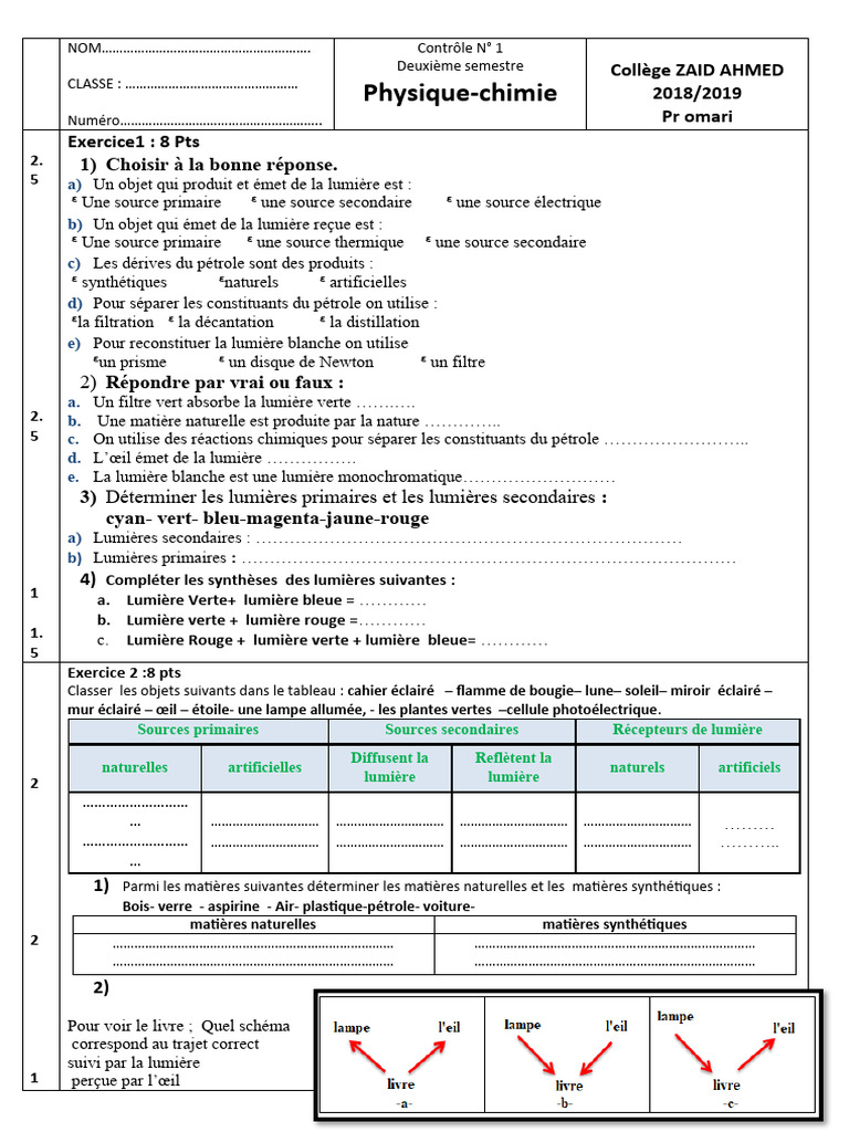 Contrôle de Physique 2AC Semestre 2 | PDF | Lumière | Chimie