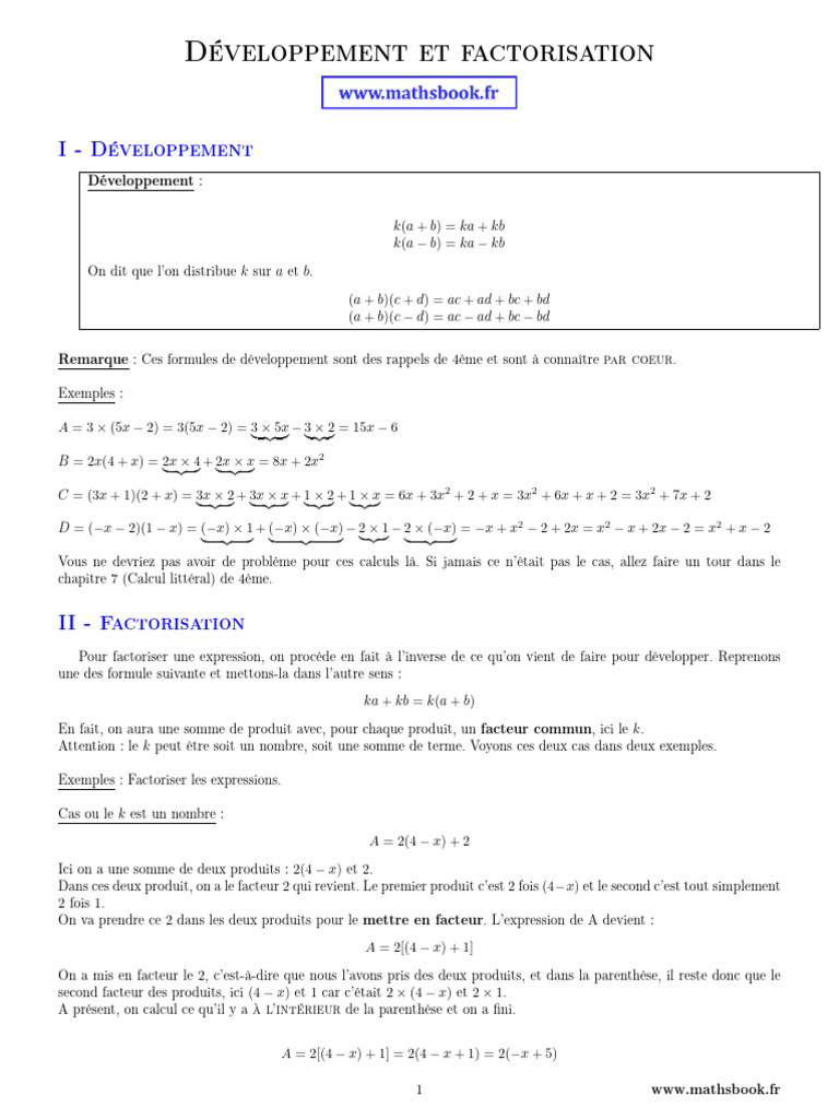 Développement et Factorisation en Maths 3ème | PDF | Mathématiques ...