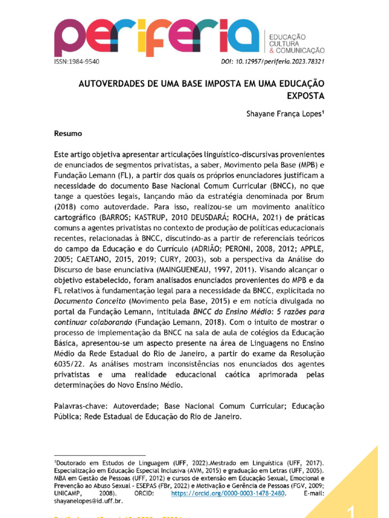 Autoverdades de Uma Base Imposta em Uma Educação Exposta | PDF