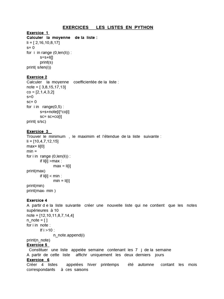 Exercices sur les listes en Python | PDF