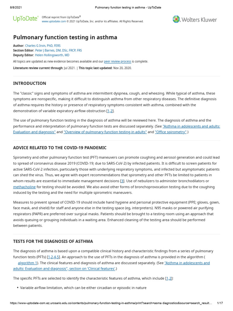 Pulmonary Function Testing in Asthma - UpToDate | PDF | Asthma ...
