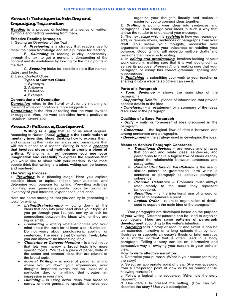 Lectures in reading and writing skills complete pdf idea