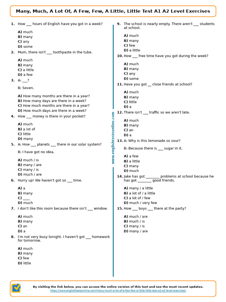 Quantifiers Test A1 A2 Exercises | PDF