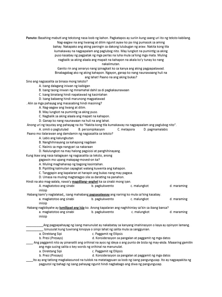 Dom Test Questions - Reviewer 3rd QE PAGBASA AT PAGSUSURI | PDF