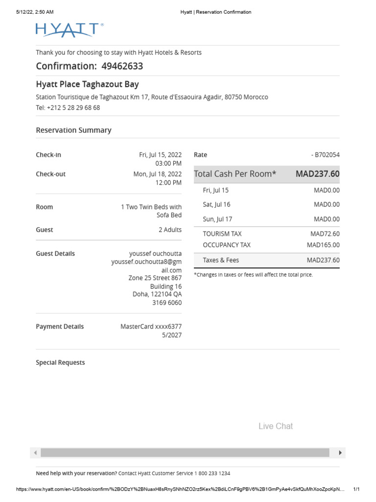 Hyatt - Palace Reservation Confirmation | PDF | Services (Economics ...