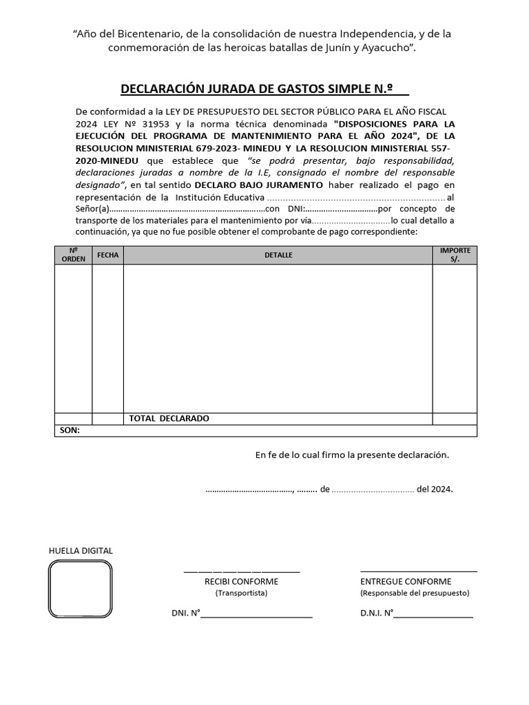 Declaración Jurada de Gastos 2024 | PDF