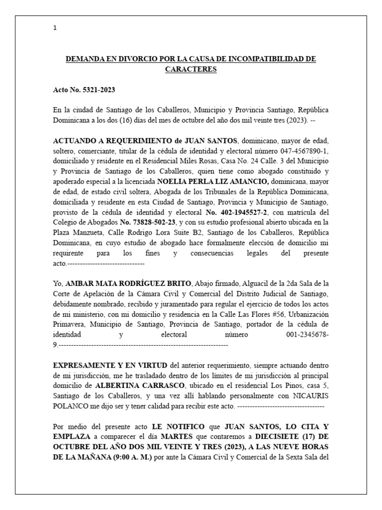 Demanda en divorcio-NoeliaLiz | PDF | Divorcio | República Dominicana