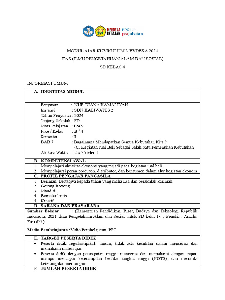 Modul Ajar IPAS Kelas 4 SD 2024 | PDF