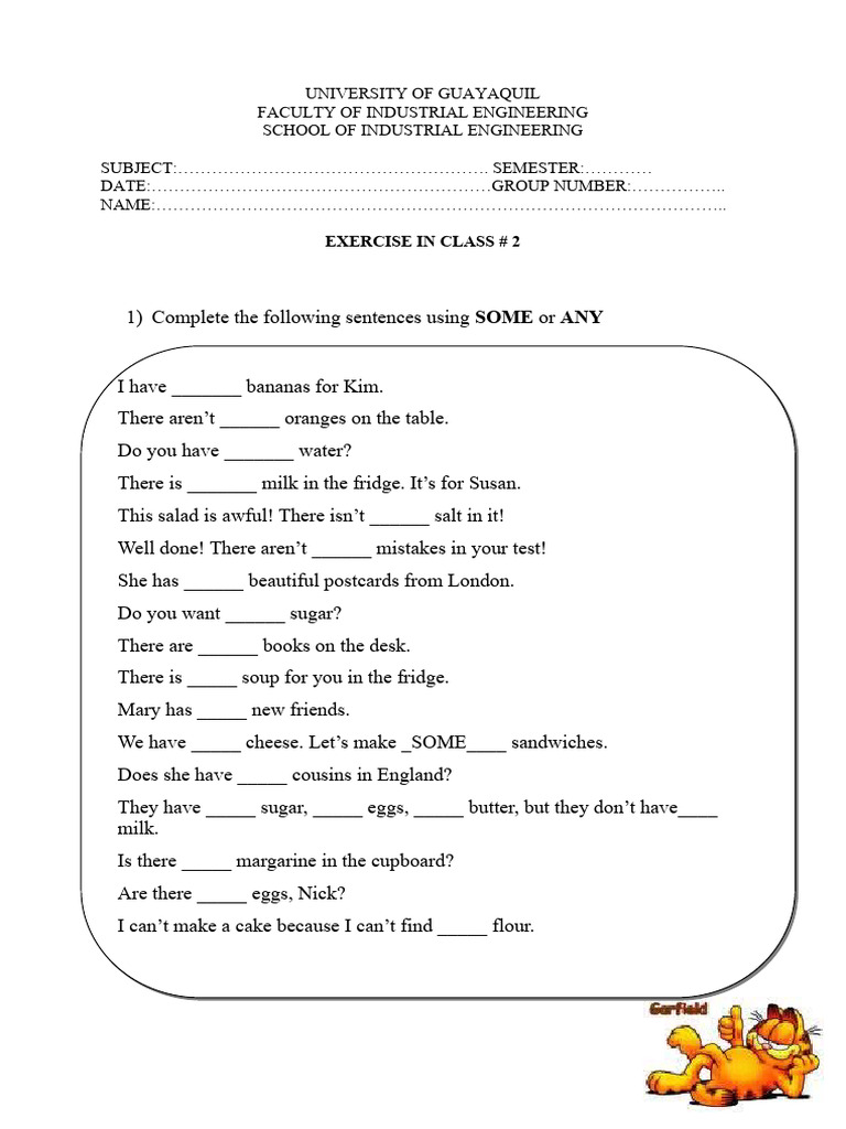 Exercise in Class 2 English 2 Some Any | Download Free PDF | Cakes | Foods