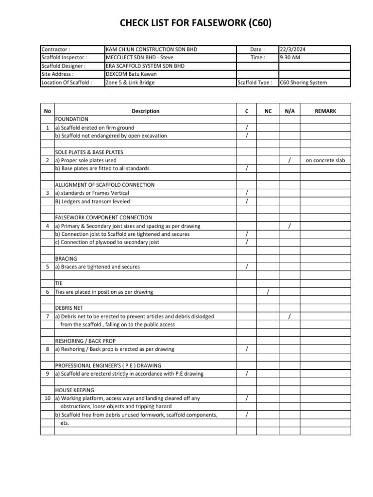 Scaffold Falsework Inspection Checklist | PDF | Scaffolding ...
