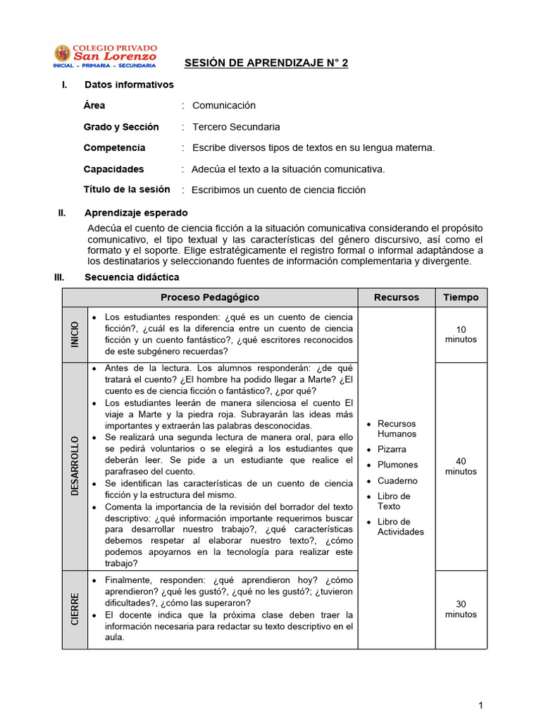 Sesi n de aprendizaje n 02 3 secundaria pdf cuentos aprendizaje