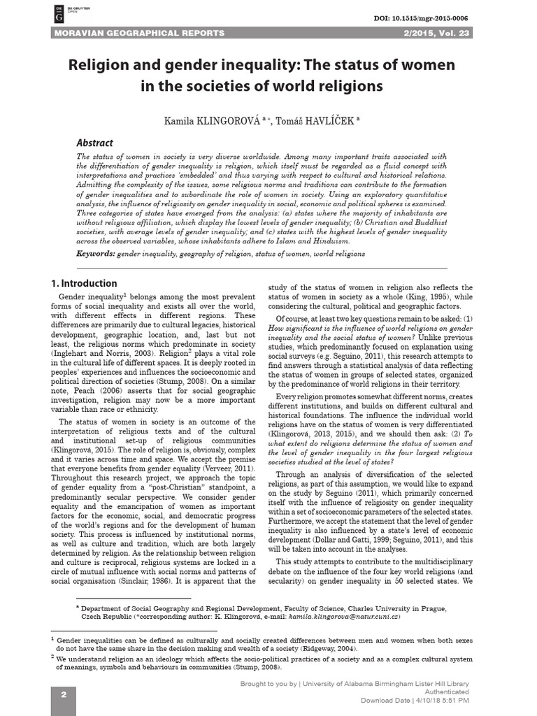 Klingorova - Religion and Gender Inequality | PDF | Gender | Gender Studies