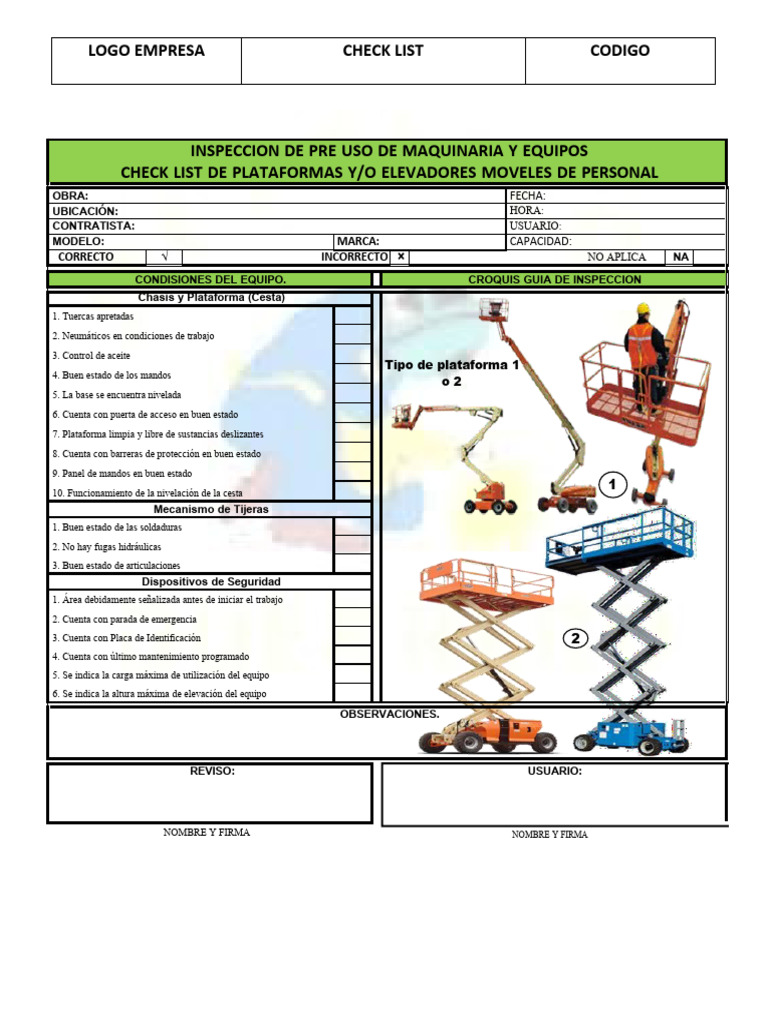 Check List de Inspeccion Seguridad para Plataformas Elevadoras | PDF