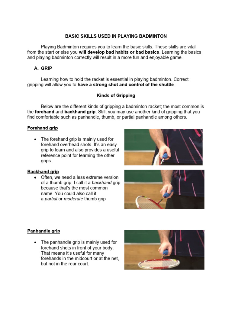 Basic Skills Used in Playing Badminton PDF