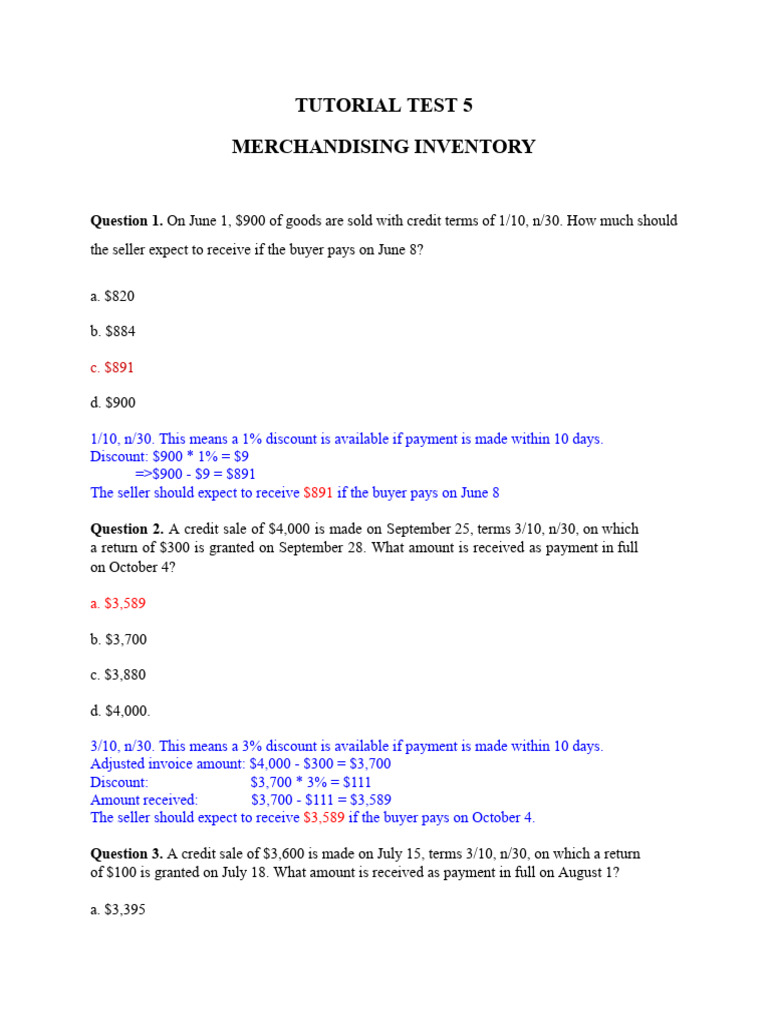 Merchandising Inventory Payment Calculations | PDF | Debits And Credits ...