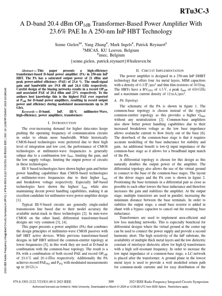 A D-Band 20.4 DBM OP1dB Transformer-Based Power Amplifier | PDF ...