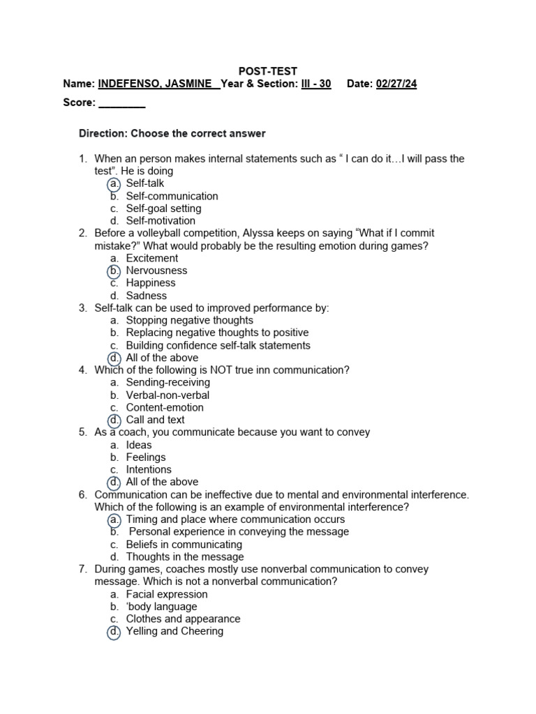 Sports Psychology Post-Test Questions | PDF | Anxiety | Mental Image