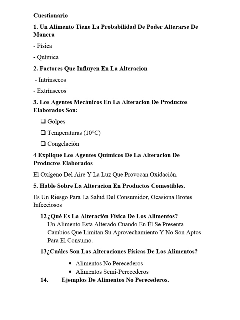 Cuestionario de Alteraciones | PDF | Alimentos | Conservación de los ...