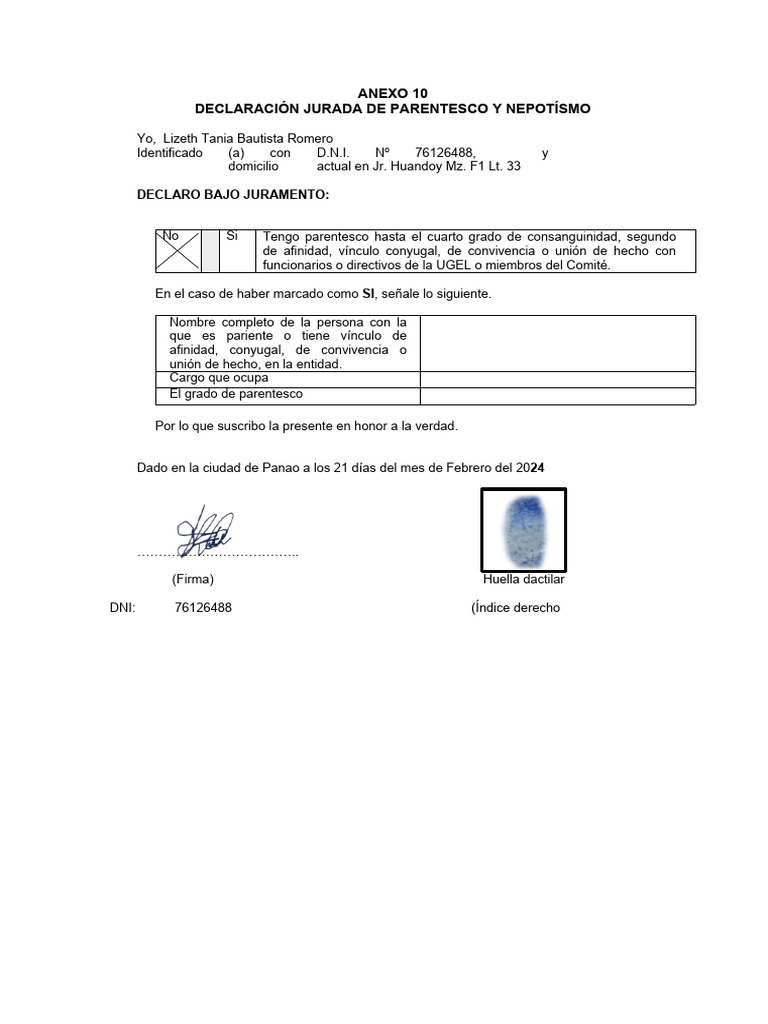 Declaración Jurada de Parentesco | PDF
