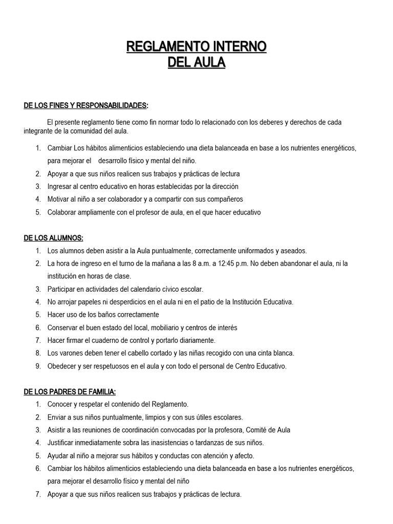 Reglamento Interno del Aula de Primaria | PDF | Salón de clases | Maestros