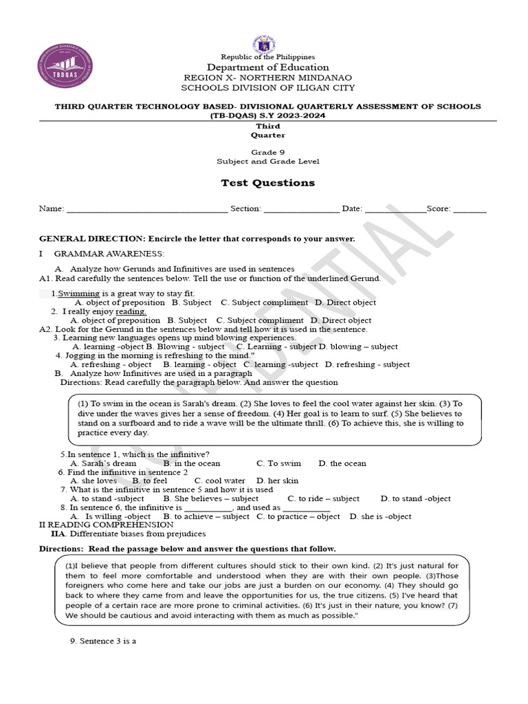 G9 Test Items 3rdQ | PDF